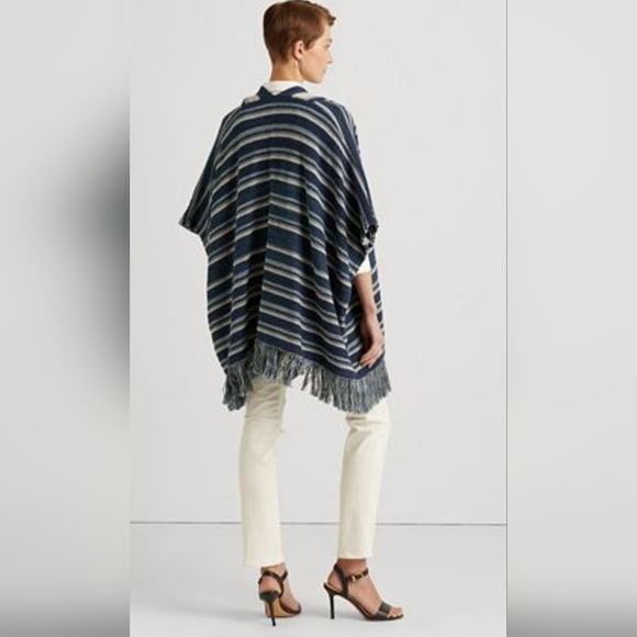 Ralph Lauren Striped Open Cardigan with Fringe (French Navy, Size S/M) - Picture 3 of 5